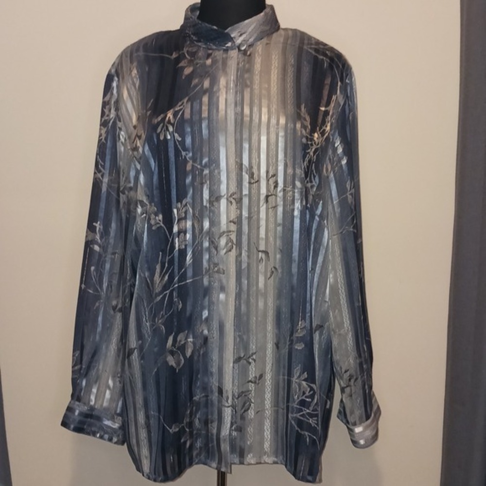 Alfred Dunner 20W see thru Blue/Silver Striped Floral‎ Button-Up Long Sleeve Top